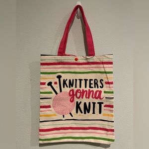 Canvas tote.  Fun strips with snap closure “Knitters gonna Knit”